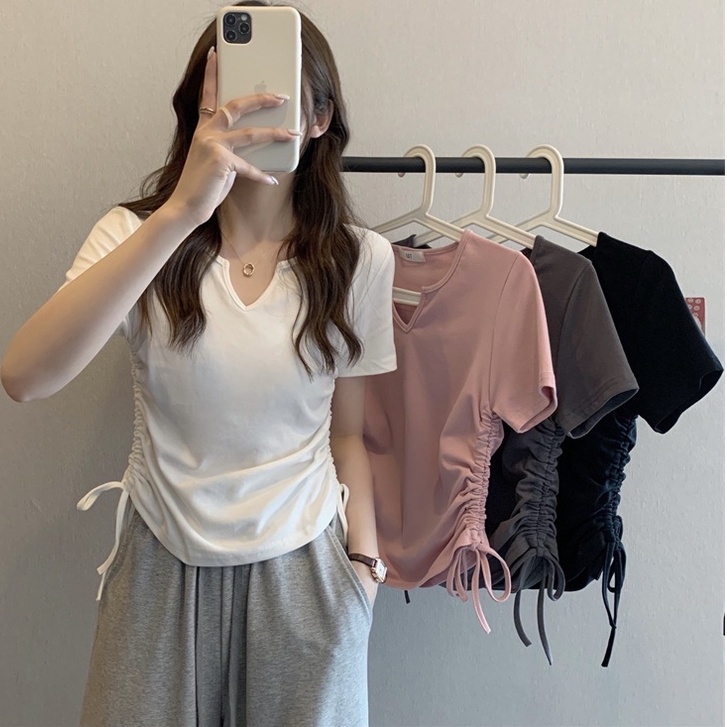 【WANG JIAO ZHAN】 Áo croptop thun tay ngắn cổ chữ v năng động thời trang cho nữ【6788】