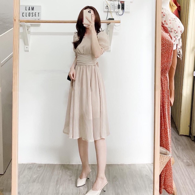 ĐẦM VINTAGE DÁNG DÀI THẮT EO