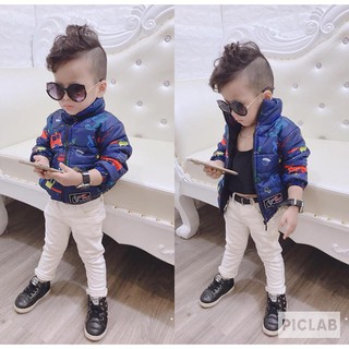 Áo phao trần bông hình cao cổ cực ấm cho bé trai, bé gái