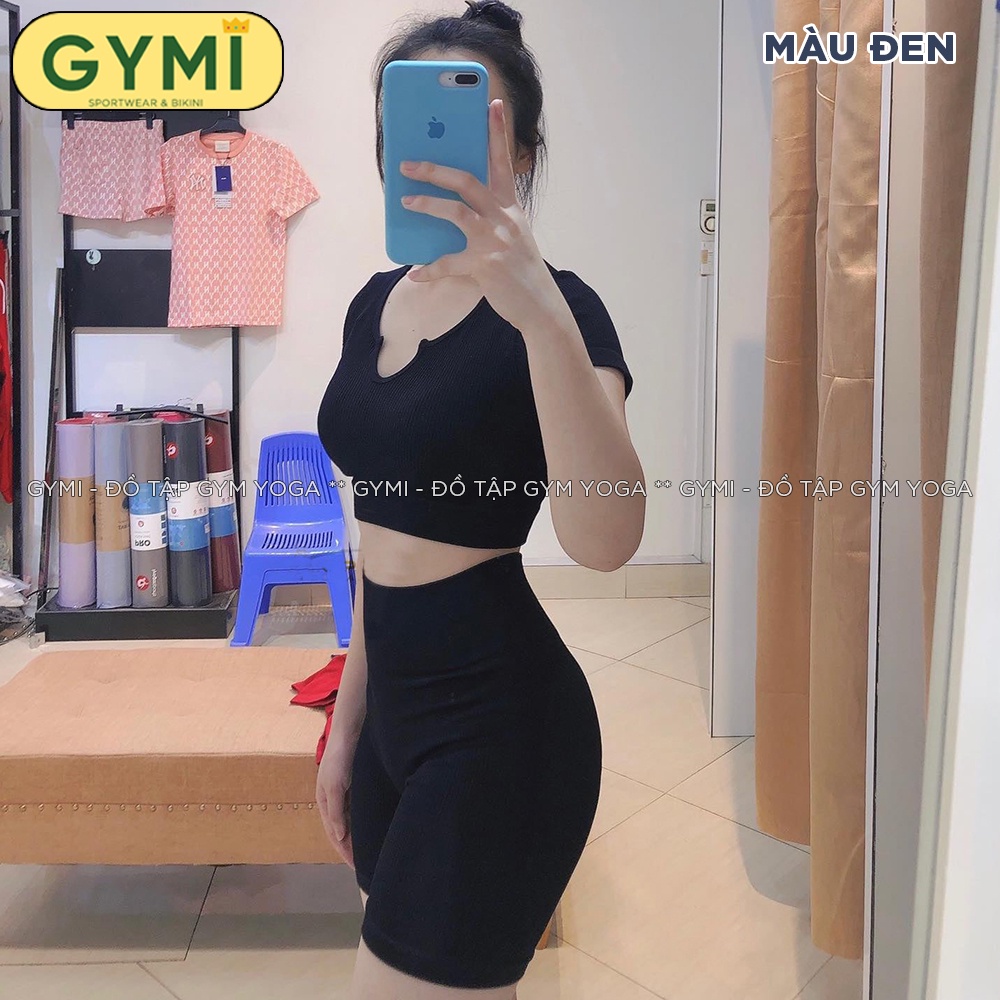 Set bộ đồ tập gym yoga nữ dáng lửng GYMI SET13 gồm áo ngắn tay và quần short chất thun gân dệt kim thể thao