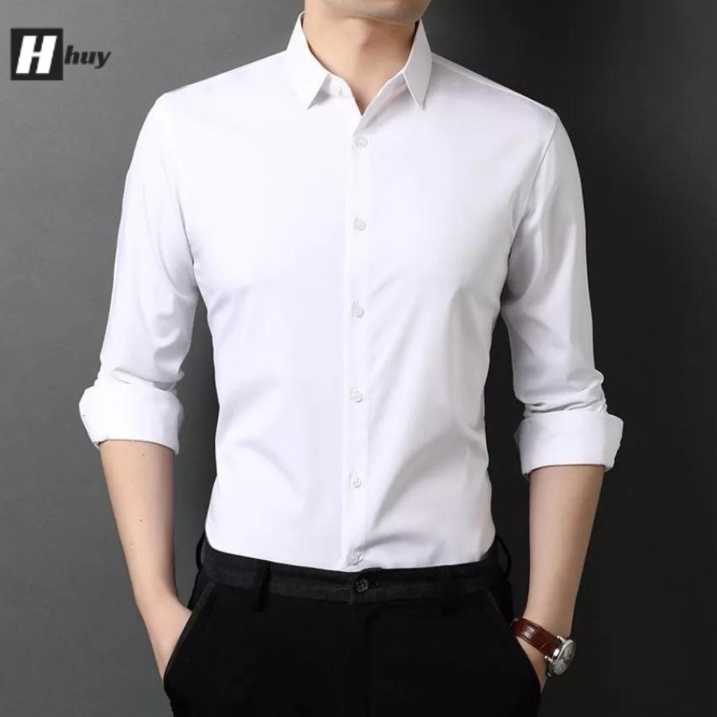 Áo sơ mi nam trơn dài tay đẹp, vải kate, form regular 2 màu cơ bản - trắng, đen