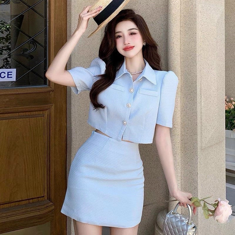 Set áo croptop dạ xanh 2 túi mix chân váy chữ A Your Clothing
