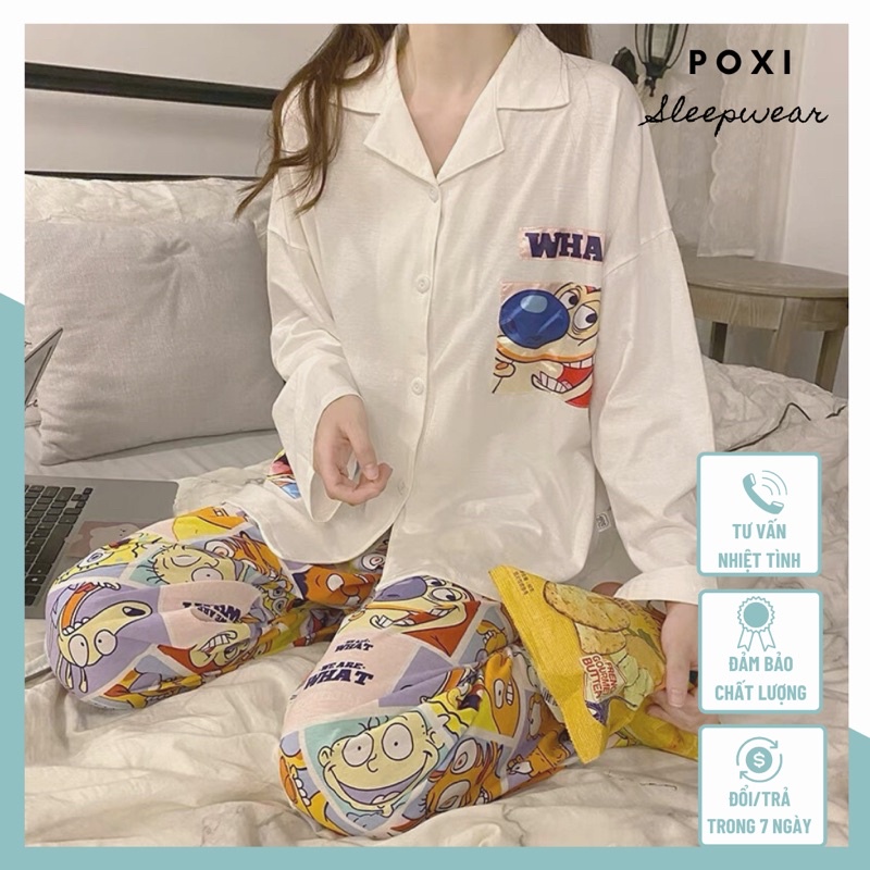 Bộ đồ ngủ phong cách Hàn Quốc áo trắng, quần hoạ tiết dễ thương