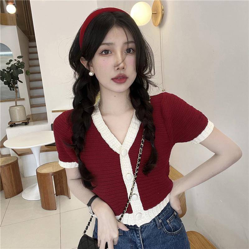 Áo Dệt Kim Tay Ngắn Cổ Chữ v Dễ Phối Đồ Thời Trang Hè Phong Cách Hàn Quốc Cho Nữ