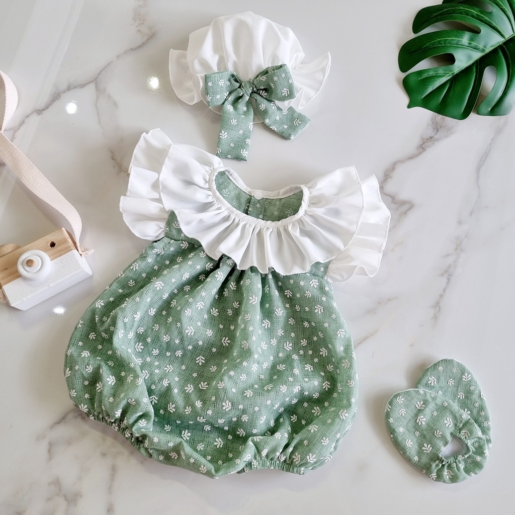 Bodysuit áo liền thân xanh kèm nón thiết kế cao cấp cho bé gái sơ sinh - Riokids BD12