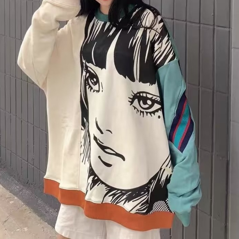 ♞AFF LIGA♞ Áo Sweater Cổ Tròn Tay Dài Dáng Rộng In Họa Tiết Hoạt Hình Màu Tương Phản Thời Trang Mùa Thu Cho Nam Và Nữ