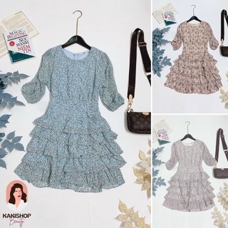 Váy hoa nhí cổ tròn đầm hoa nữ tay bèo dáng dài váy vintage siêu hot mẫu mới 2021 kakishop