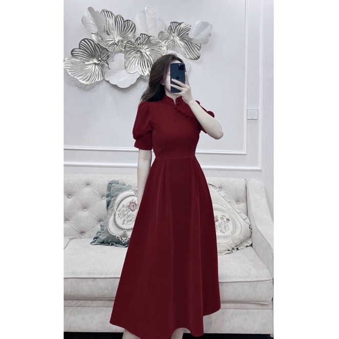Váy Đỏ Cúc Bọc,váy xinh đón Tết