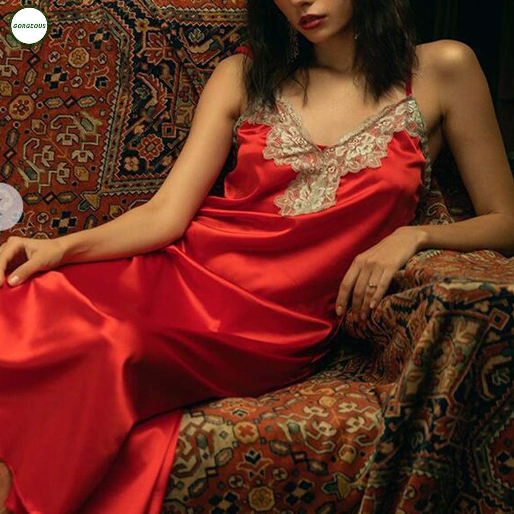 Đầm ngủ dài cổ chữ V bằng lụa phối ren thoáng khí thoải mái cho nữ
 | BigBuy360 - bigbuy360.vn