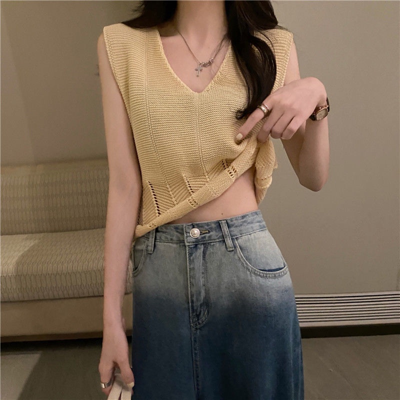 Áo Dệt Kim Sát Nách Dáng Rộng Cổ Chữ V Thời Trang Mùa Hè Cho Nữ Có 5 Kiểu