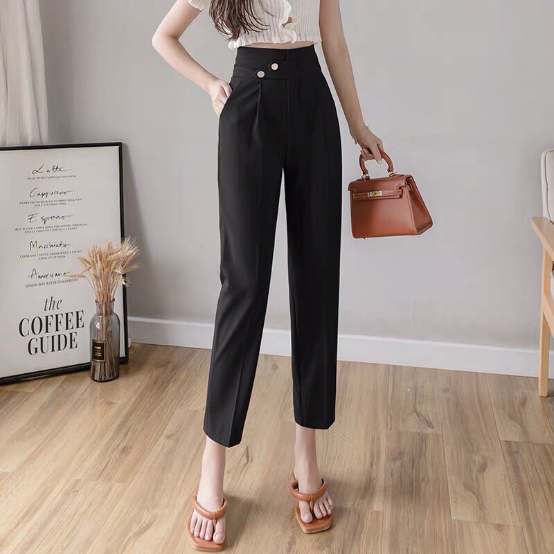 Quần Baggy 2 cúc chéo siêu xinh, quần tây ống suông cạp liền 2 khuy xếp ly