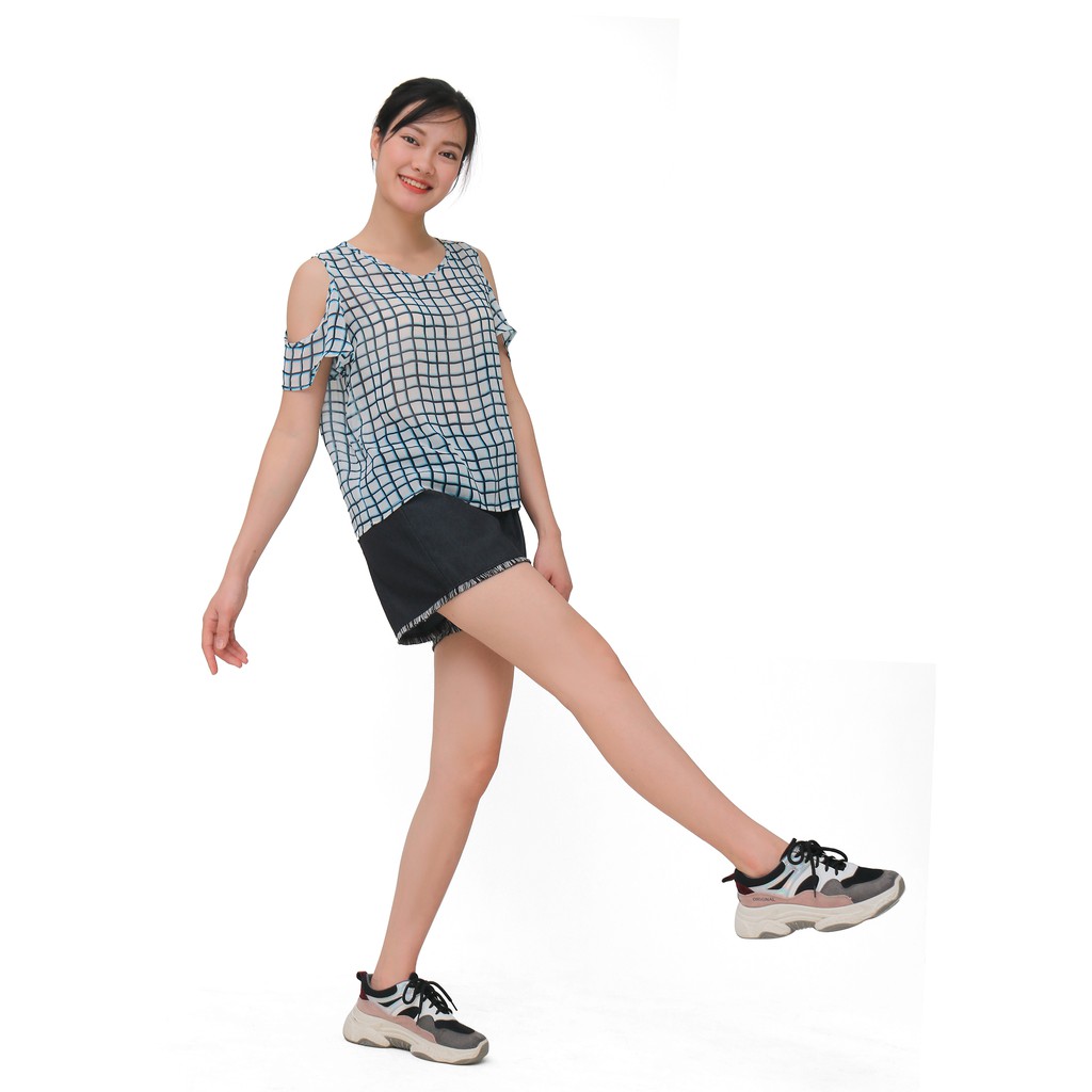 Áo kiểu nữ ô vuông kẻ xanh đen Narsis L9019
