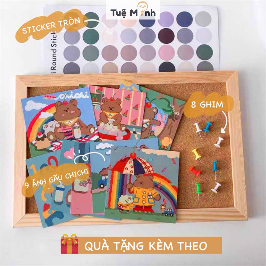 Bảng ghim gỗ bần K18 decor treo ảnh, postcard trang trí - Tặng kèm ghim, sticker, dây gai