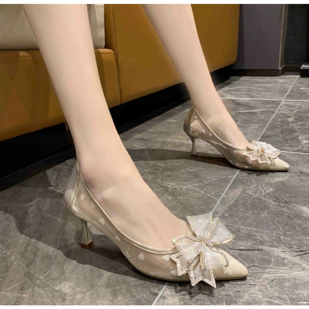 Giày cao gót ren nơ răng cưa gót đũa nhỏ - 7P