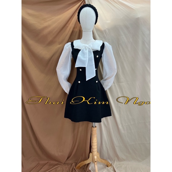 Đầm dự tiệc nơ cổ dài tay xinh xẻo