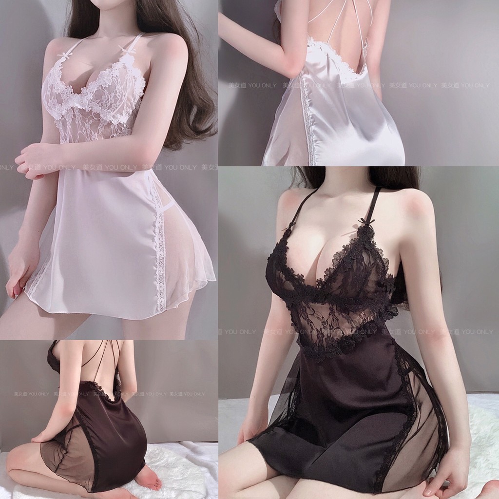 Váy ngủ lụa 2 dây FREE SHIP ngực ren xuyên thấu gợi cảm