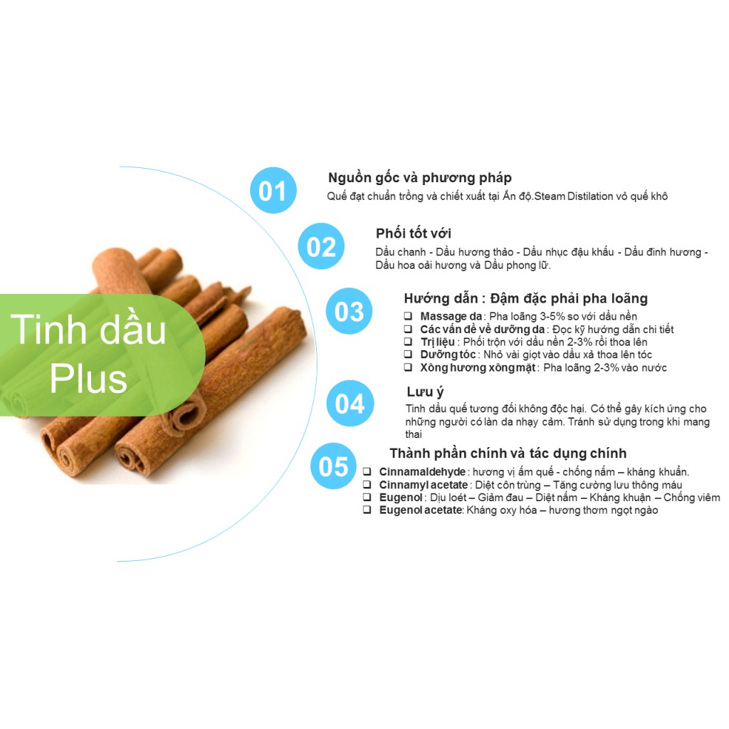 Tinh dầu quế Plus 20ml - Cinamon EO nguyên chất thiên nhiên Việt Nam - Bệnh tim, Tiểu đường