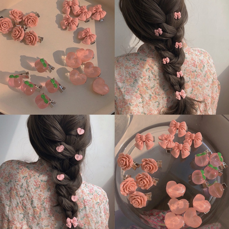 Set 5 Kẹp Tóc Hình Trái Tim / Hoa Trà / Trái Tim Màu Hồng Xinh Xắn Thời Trang Dự Tiệc Cho Nữ