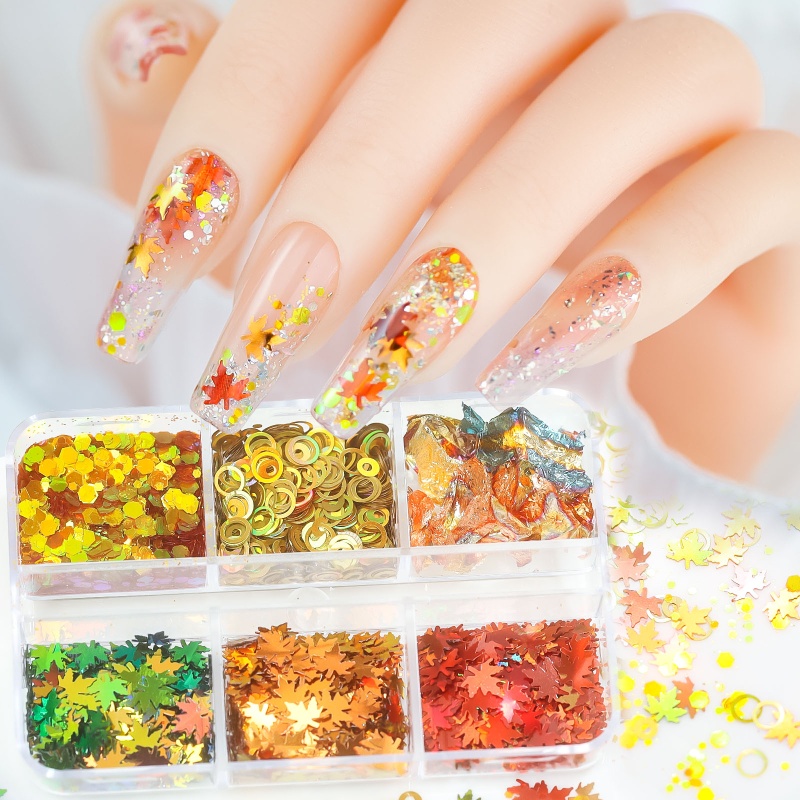 Đề Can Lá Phong 3D Lấp Lánh Trang Trí Móng Tay Nghệ Thuật