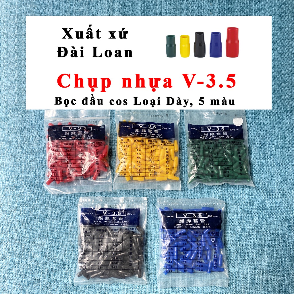 Chụp nhựa đầu cos V-3.5 -Loại dày, xuất xứ Đài Loan, Đúng size Chuẩn màu, 5 màu: Đỏ-Vàng- Xanh lá cây -Xanh da trời- Đen