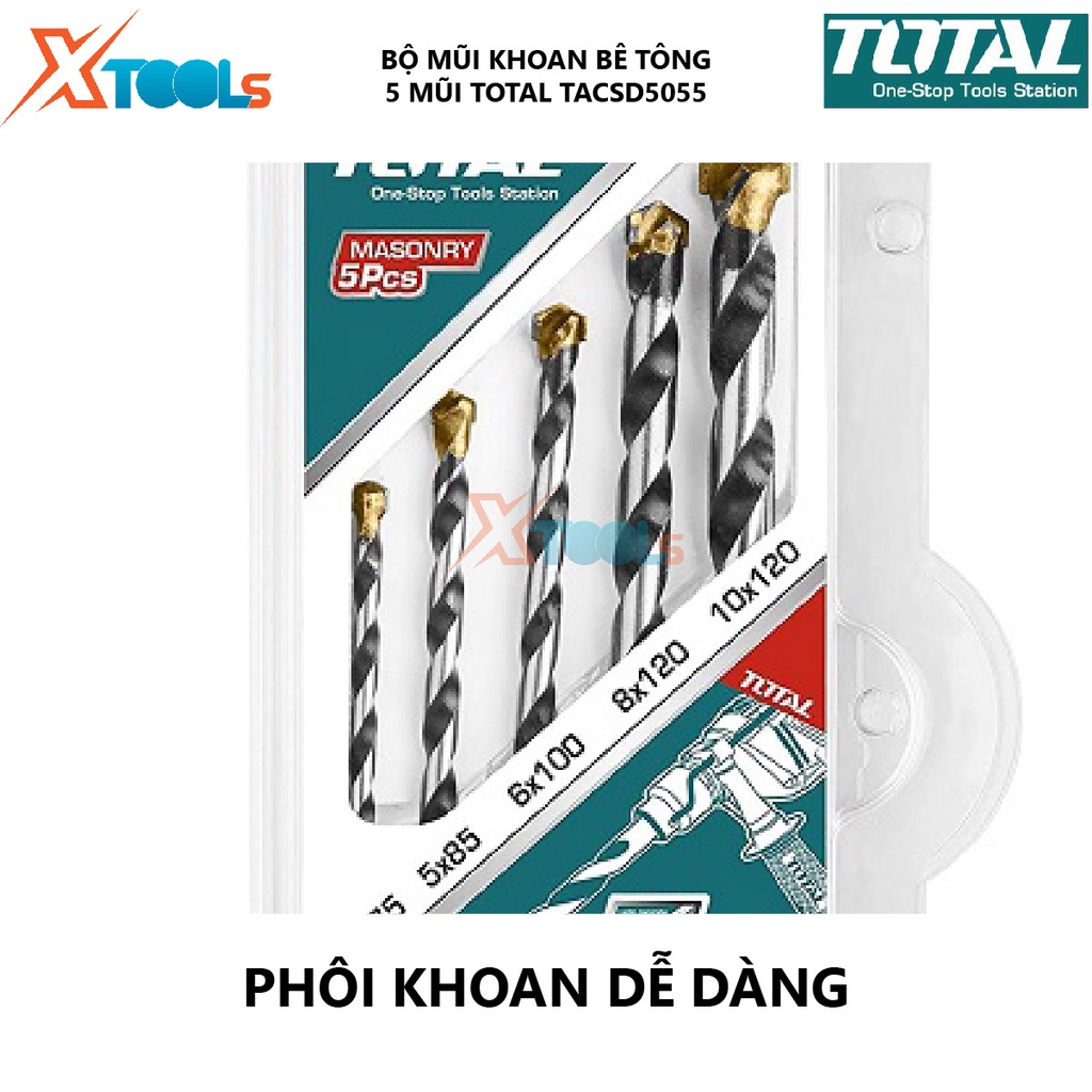 Bộ 5 mũi khoan bê tông TOTAL TACSD5055 combo 5 mũi đục bê tông Gồm 5 kích thước giúp hỗ trợ khoét lỗ trên bề mặt vật liệ