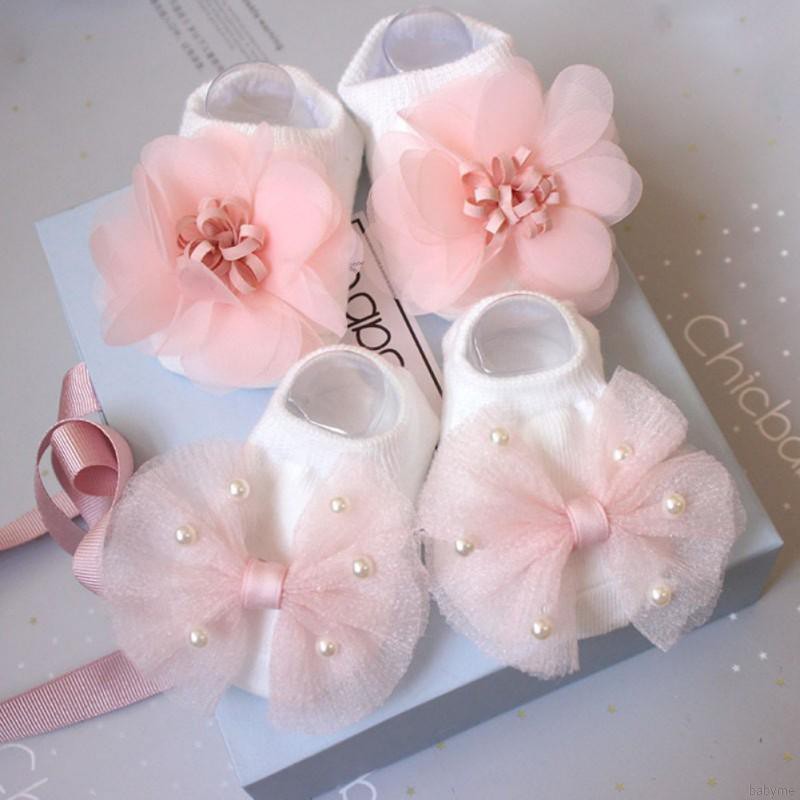 Baby Socks And Headband Set Lovely Flowers Decorated Anti-Slip Ankle Socks Elastic Hair Band Set