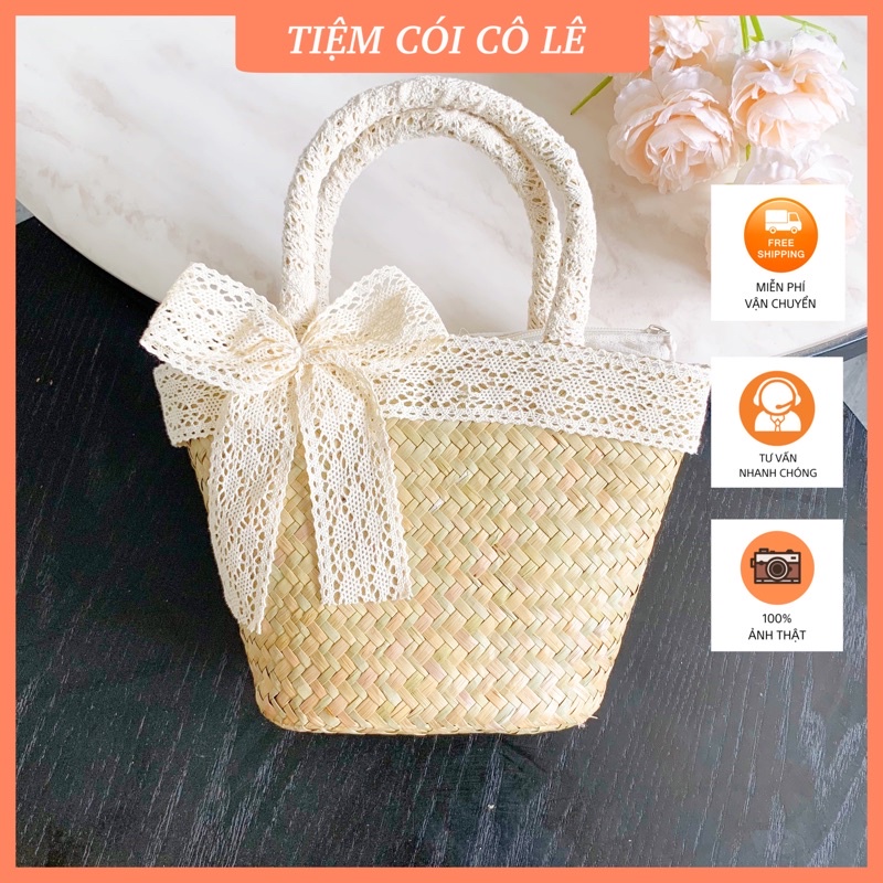 Túi cói cỏ bàng nơ ren điệu đà size 27cm - Tiệm Cói Cô Lê