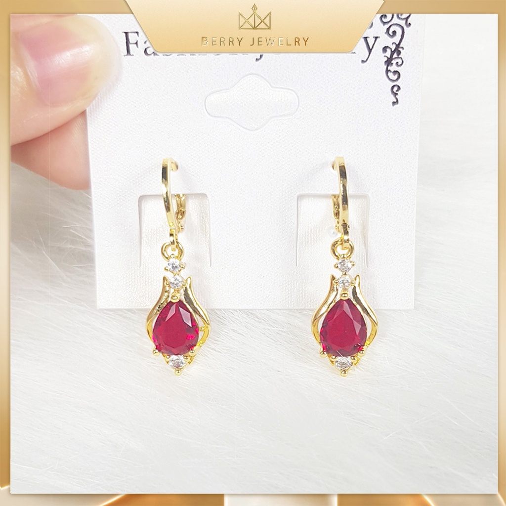 Bông Tai Titan Nữ, Khuyên Tai Dáng Dài Đính Đá Đỏ Xi Mạ Vàng B28VHT6|Berry