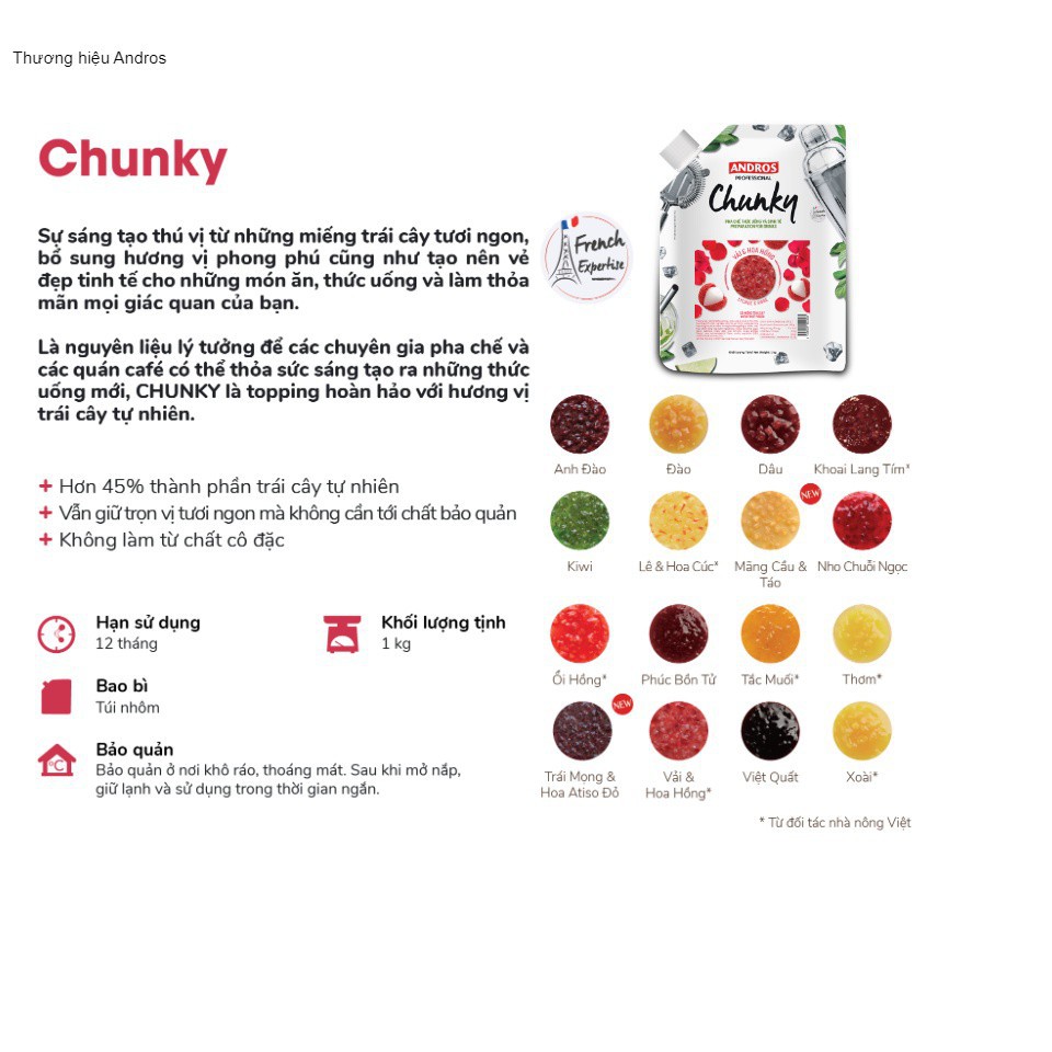 Mứt trái cây vị ổi hồng Chunky thương hiệu Andros 1 kg với 18 mùi trái cây tươi. Hàng công ty giá sỉ. Thùng 8 gói | BigBuy360 - bigbuy360.vn