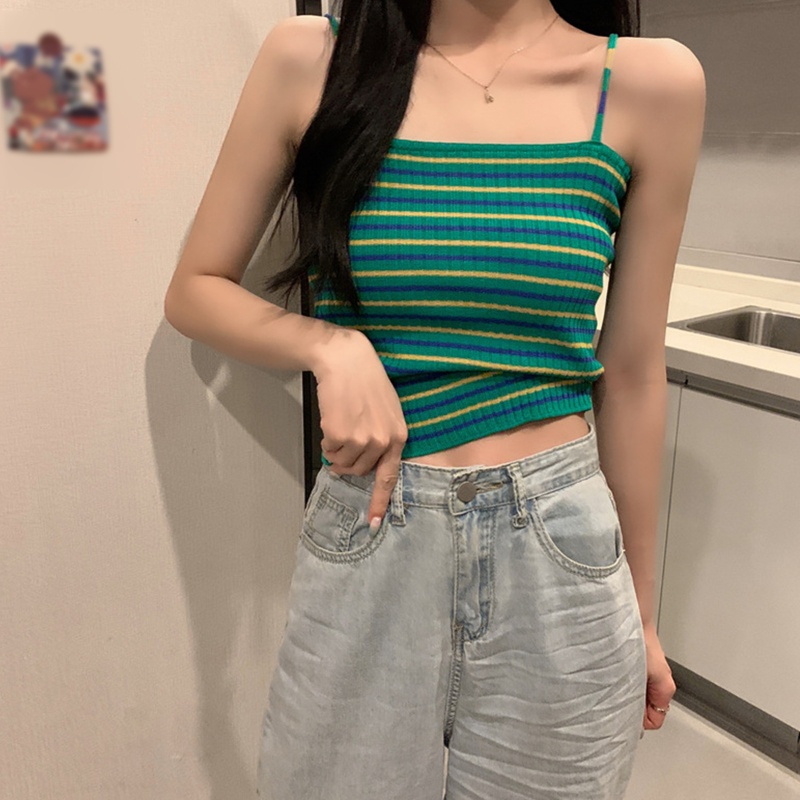 Áo Croptop Hai Dây Dệt Kim Ôm Dáng Họa Tiết Kẻ Sọc Nhiều Màu Cho Nữ