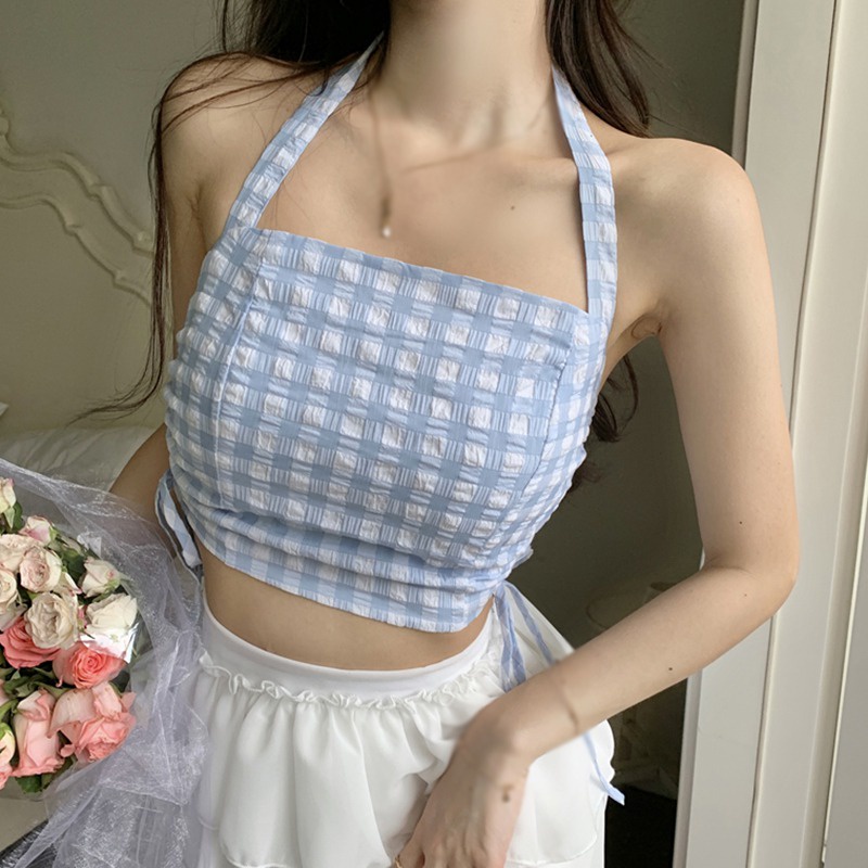 Áo Lửng Không Tay Họa Tiết Kẻ Ô Phong Cách Hàn Quốc Quyến Rũ Dành Cho Nữ