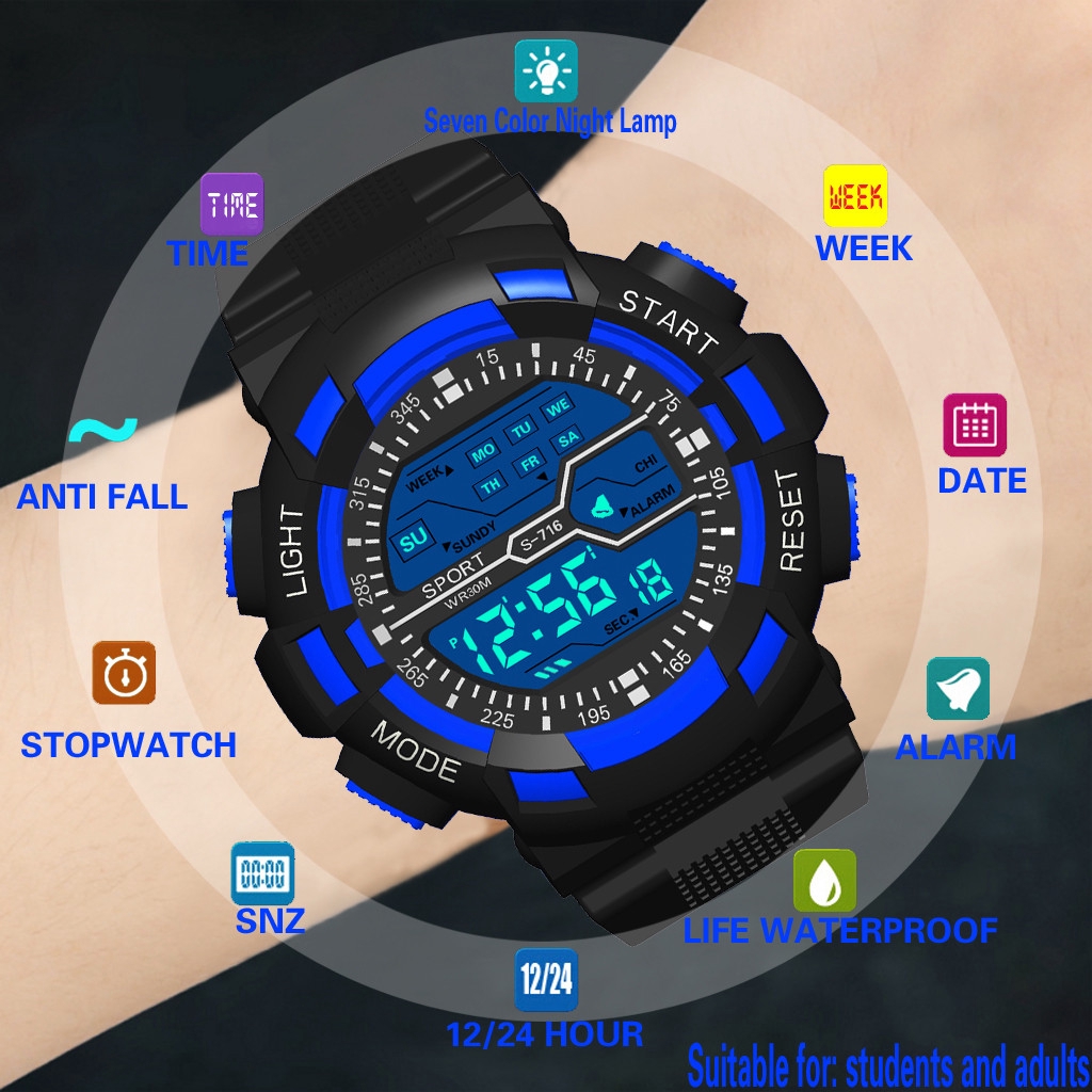 HONHX Men's Fashion Machinery Seven Colors Colorful Luminous Multifunction Waterproof Sports Electronic Watch