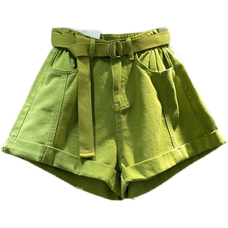 Jiashucheng Quần Short Jean Ống Rộng Lưng Cao Xoăn Màu Xanh Lá Cây Cỡ Lớn Dễ Phối Đồ Thời Trang Mùa Hè Mới