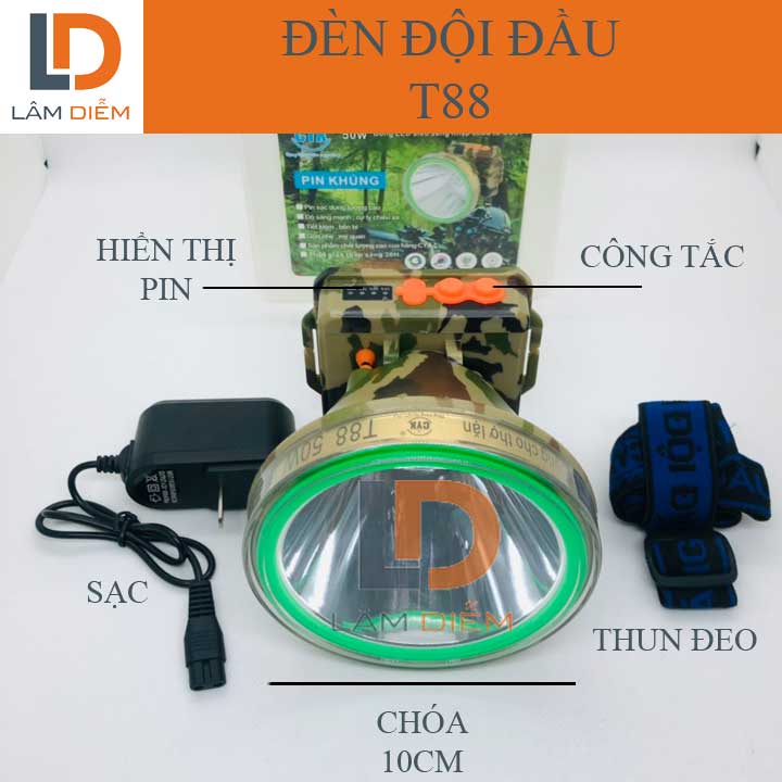 Đèn đeo đầu pin trâu hiển thị phần trăm pin siêu sáng kín nước T88
