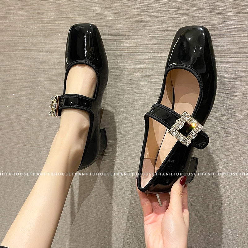 Giày Cao Gót Nữ Mary Jane Shin Min-a Mũi Vuông Quai Ngang Da Bóng Phối Mặt Đá Thời Trang - Hometown cha cha cha- GD013