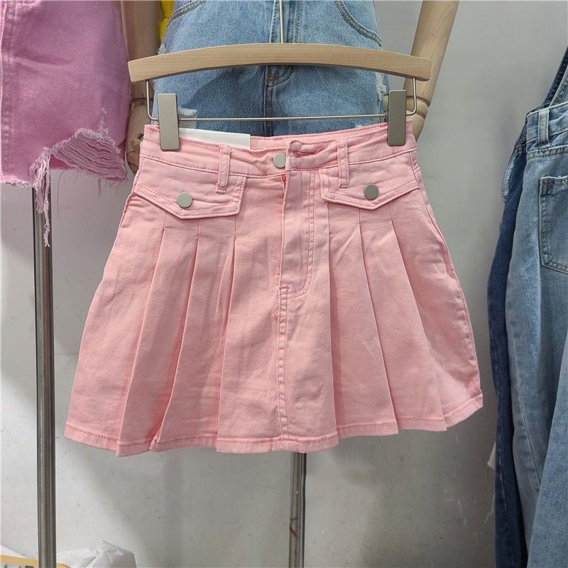 Chân váy denim chữ A xếp ly đơn giản phong cách Hàn Quốc thời trang mùa hè 2022 dành cho nữ