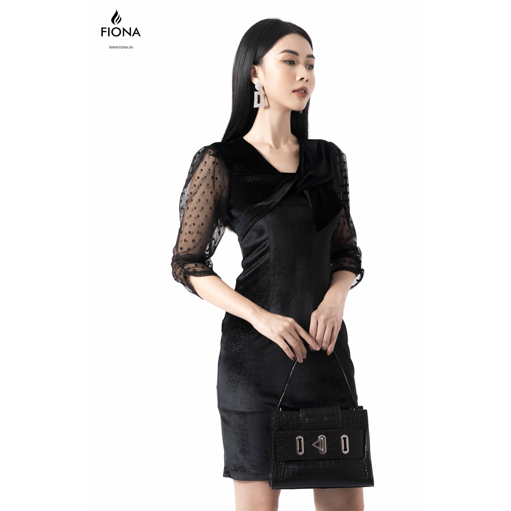 Đầm Nhung Cổ V Nữ FIONA, Đầm Xếp Nơ Tay Lưới Chấm Bi Mã F420867