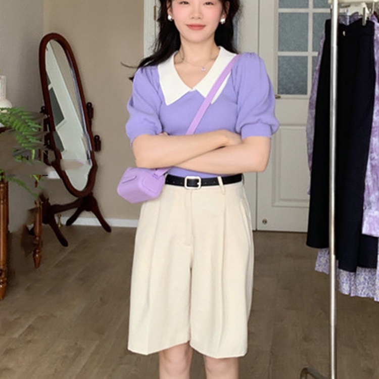 SUXI Áo Croptop Dệt Kim Mỏng Tay Ngắn Cổ Chữ V Dáng Ôm Thời Trang Mùa Hè Cho Nữ