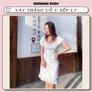 (Hình thật) Váy trắng cổ V tay nhún trẻ rung ( SAM DRESS)