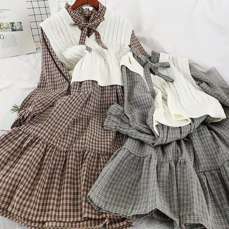 Set Áo gile Váy trắng dài babydoll nhung tăm bánh bèo tay bồng thắt nơ