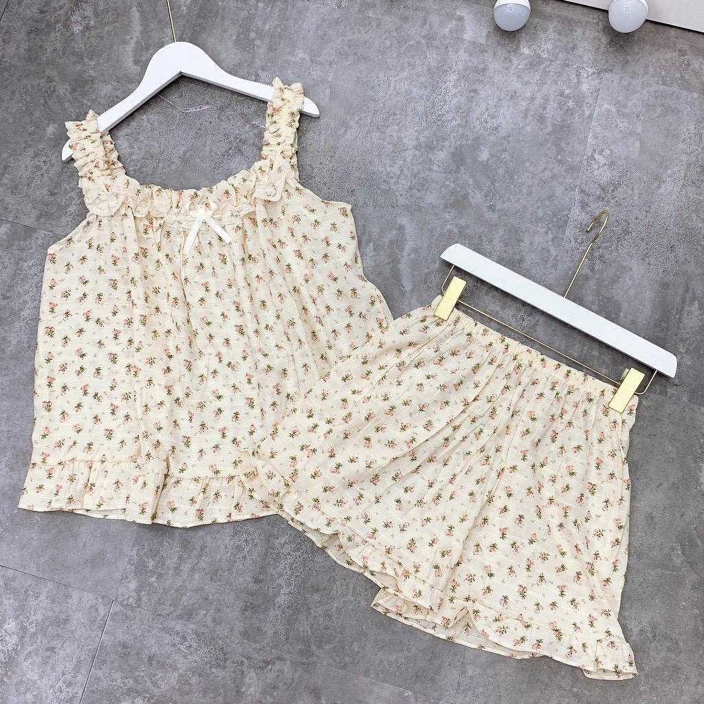 [Ảnh thật] Set 2 dây hoa nhí ngực bèo kèm quần  vải xốp đũi mặc ở nhà