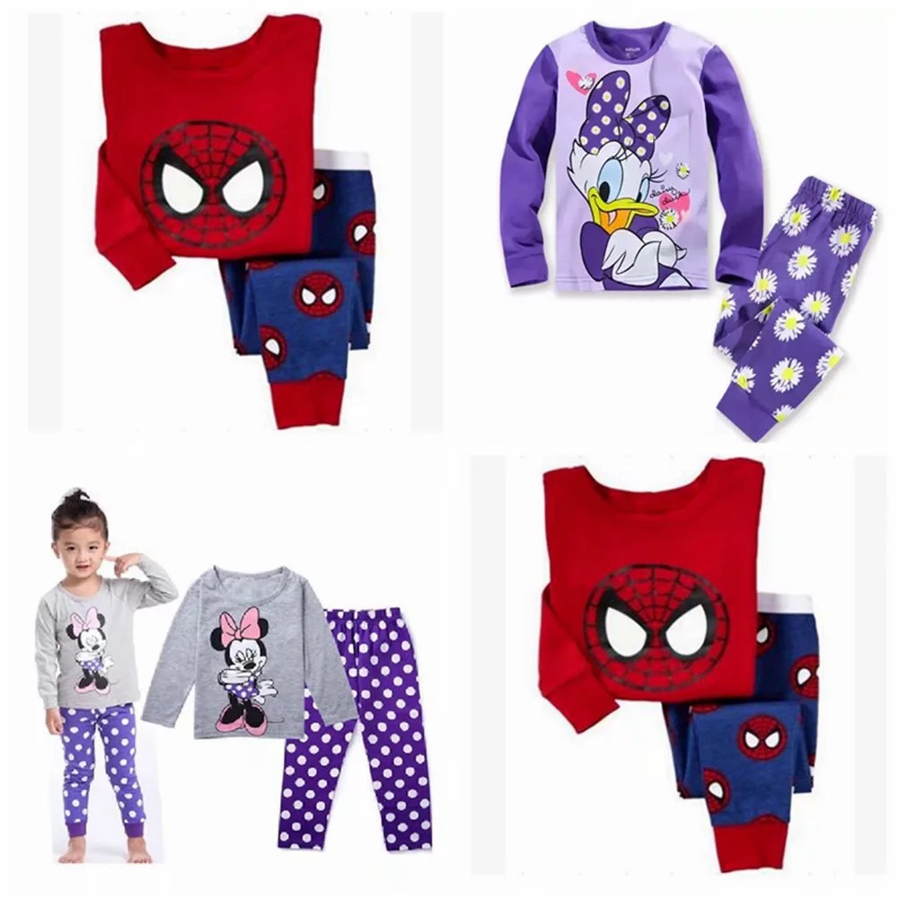 Set Pajamas áo thun tay dài &amp; quần dài in hình người nhện &amp; Minnie cho bé gái