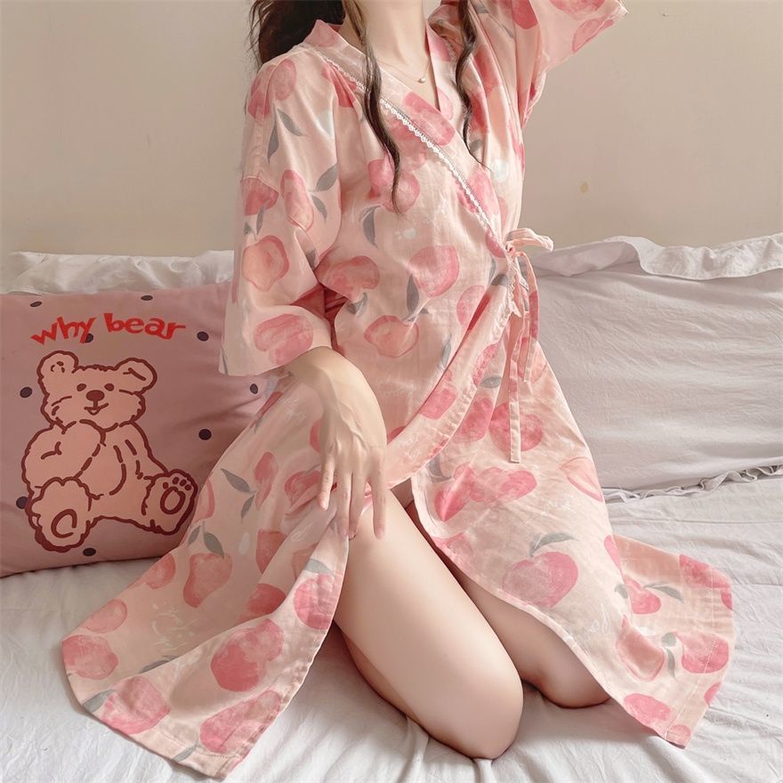 Bộ Đồ Ngủ Kimono Cotton Tay Ngắn Phong Cách Nhật Bản Dễ Thương Dành Cho Nữ
