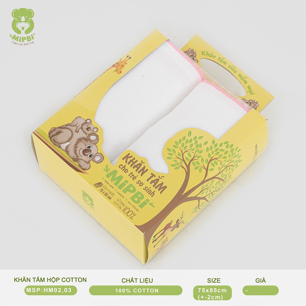 Khăn tắm cao cấp Mipbi 100% cotton tự nhiên mềm mại (Hộp 2 chiếc 75x85cm)