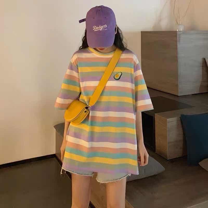Áo Thun Tay Ngắn Dáng Rộng Kẻ Sọc Cầu Vồng Phong Cách Hàn Quốc Thời Trang Mùa Hè Cho Học Sinh / BFF Xuan Ya