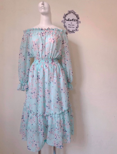 Đầm maxi trễ vai NHIỀU MÀU dài tay đầm vintage bệt vai đầm bầu đi biển hoa | BigBuy360 - bigbuy360.vn