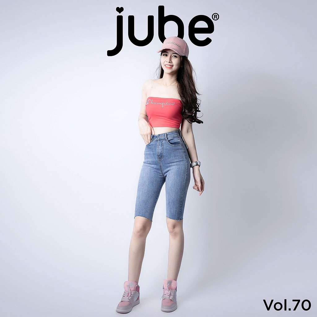 Quần Jean Ngố Nữ Lưng Cao JUBE Vol.70, Quần Lửng Nữ Skinny Trơn Cắt Gấu Vải Jean Co Giãn Hack Dáng, BST Signature Jeans