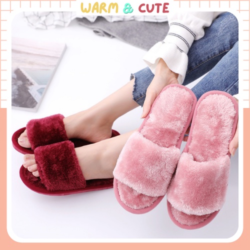 Dép bông dép lông quai ngang nữ sang chảnh siêu ấm Warm&amp;Cute DA10