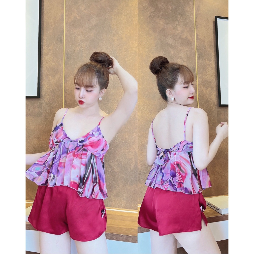 Váy Ngủ Nữ, Đồ Ngủ Sexy Nữ Bộ Satin Nhún Bèo Ngực Freesize Dưới 75kg