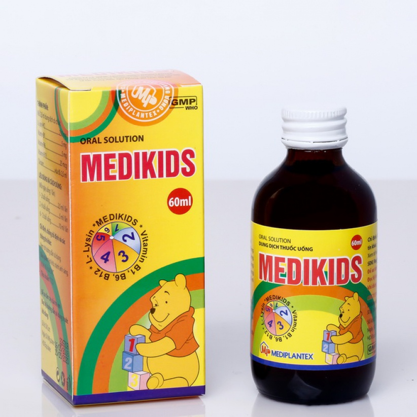 Siro Medikids bổ sung lysin - vitamin nhóm B, dùng cho trẻ mới ốm dậy, suy nhược cơ thể, kém ăn.